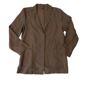 $378 Eileen Fisher M Drapey Linen Tencel Long Blazer Jacket Lagenlook Slub Brown